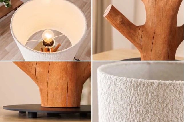 Lampe de table JEWELRY 60 cm en bois massif naturel – Abat-jour blanc & pied en métal noir