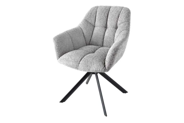Fauteuil pivotant PAPILLON en bouclé gris – Chaise design avec accoudoirs et base en métal noir