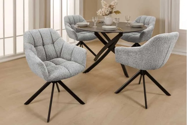 Fauteuil pivotant PAPILLON en bouclé gris – Chaise design avec accoudoirs et base en métal noir