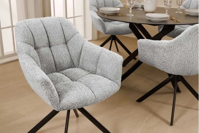 Fauteuil pivotant PAPILLON en bouclé gris – Chaise design avec accoudoirs et base en métal noir