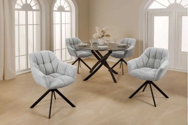 Fauteuil pivotant PAPILLON en bouclé gris – Chaise design avec accoudoirs et base en métal noir