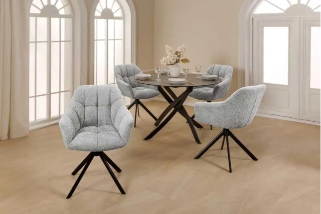 Fauteuil pivotant PAPILLON en bouclé gris – Chaise design avec accoudoirs et base en métal noir