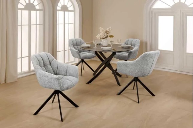 Fauteuil pivotant PAPILLON en bouclé gris – Chaise design avec accoudoirs et base en métal noir