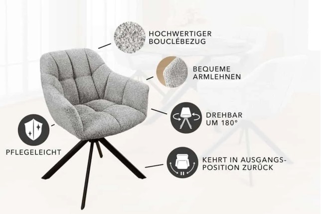 Fauteuil pivotant PAPILLON en bouclé gris – Chaise design avec accoudoirs et base en métal noir