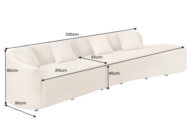 Canapé XXL ATELIER L 330 cm en tissu bouclé beige – Grand sofa moderne 4 places avec coussins inclus