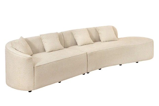 Canapé XXL ATELIER L 330 cm en tissu bouclé beige – Grand sofa moderne 4 places avec coussins inclus