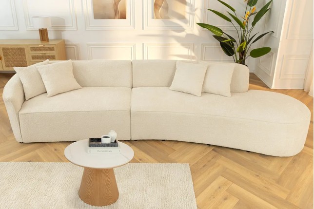 Canapé XXL ATELIER L 330 cm en tissu bouclé beige – Grand sofa moderne 4 places avec coussins inclus