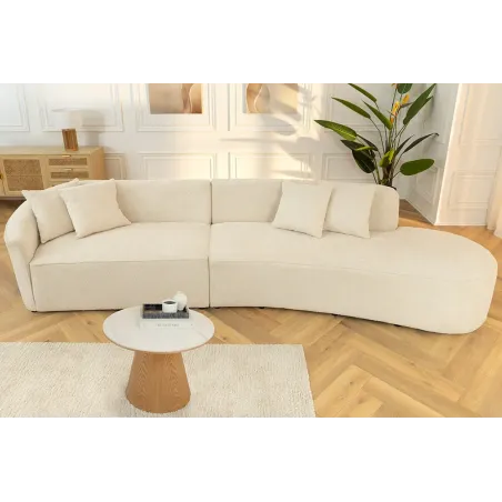 Canapé XXL ATELIER L 330 cm en tissu bouclé beige – Grand sofa moderne 4 places avec coussins inclus