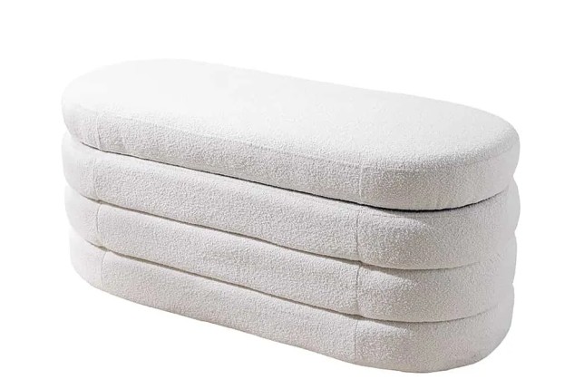 Banc de rangement VOGUE 115 cm en tissu bouclé blanc crème – Assise confortable et design avec coffre intégré