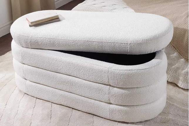 Banc de rangement VOGUE 115 cm en tissu bouclé blanc crème – Assise confortable et design avec coffre intégré