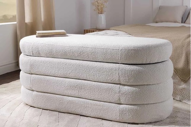 Banc de rangement VOGUE 115 cm en tissu bouclé blanc crème – Assise confortable et design avec coffre intégré
