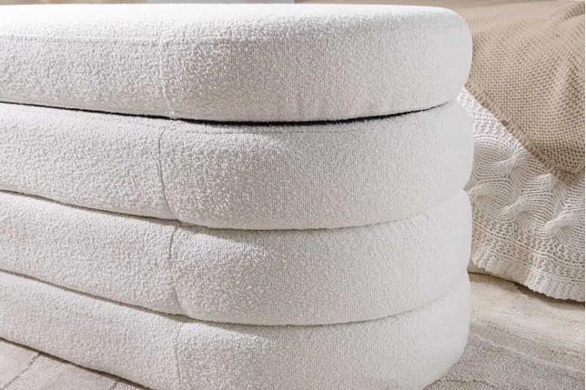 Banc de rangement VOGUE 115 cm en tissu bouclé blanc crème – Assise confortable et design avec coffre intégré