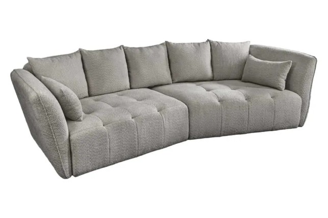 Canapé XXL ROYAL 295 cm gris en tissu bouclé – Grand canapé moderne avec assise à ressorts & 7 coussins inclus