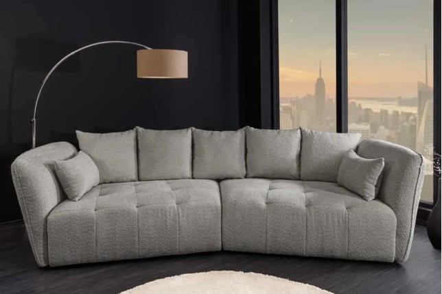 Canapé XXL ROYAL 295 cm gris en tissu bouclé – Grand canapé moderne avec assise à ressorts & 7 coussins inclus