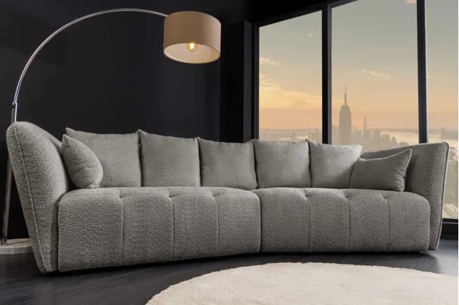 Canapé XXL ROYAL 295 cm gris en tissu bouclé – Grand canapé moderne avec assise à ressorts & 7 coussins inclus