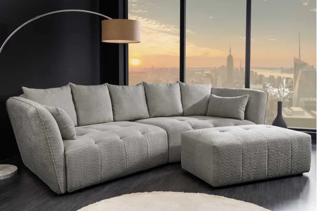 Canapé XXL ROYAL 295 cm gris en tissu bouclé – Grand canapé moderne avec assise à ressorts & 7 coussins inclus