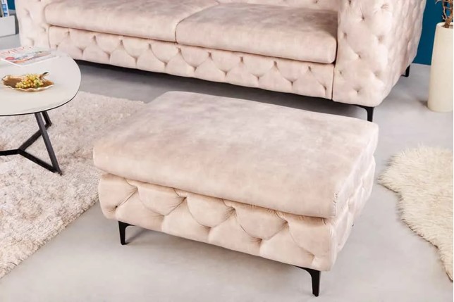 Pouf moderne baroque 90 cm – Velours champagne & pieds noirs