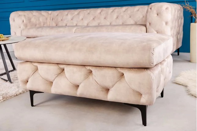Pouf moderne baroque 90 cm – Velours champagne & pieds noirs