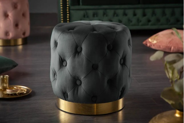 Pouf design baroque moderne – Velours noir & socle doré – 40 cm