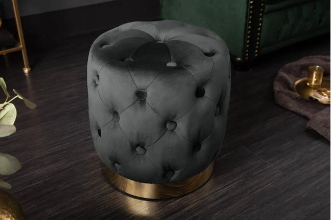 Pouf design baroque moderne – Velours noir & socle doré – 40 cm