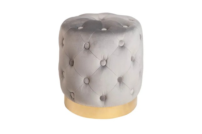 Pouf design baroque moderne – Velours gris clair & base dorée – 37 cm