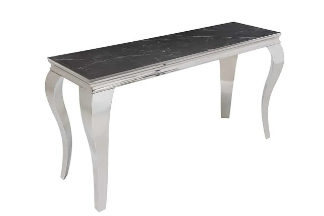 Console design baroque moderne 140 cm – Céramique effet marbre anthracite & pieds chromés