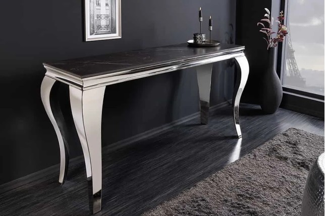 Console design baroque moderne 140 cm – Céramique effet marbre anthracite & pieds chromés