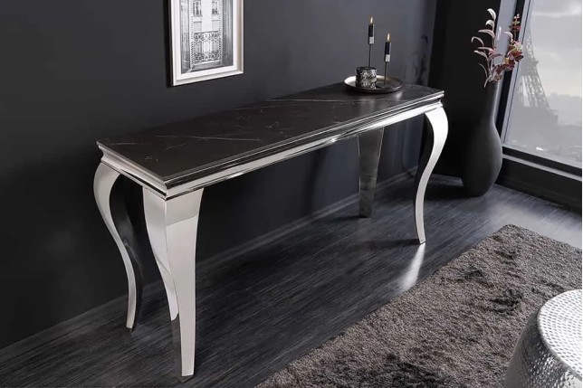 Console design baroque moderne 140 cm – Céramique effet marbre anthracite & pieds chromés