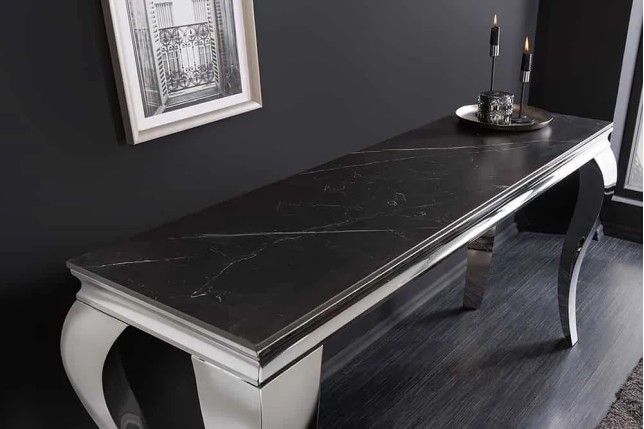 Console design baroque moderne 140 cm – Céramique effet marbre anthracite & pieds chromés