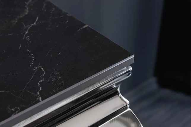 Console design baroque moderne 140 cm – Céramique effet marbre anthracite & pieds chromés