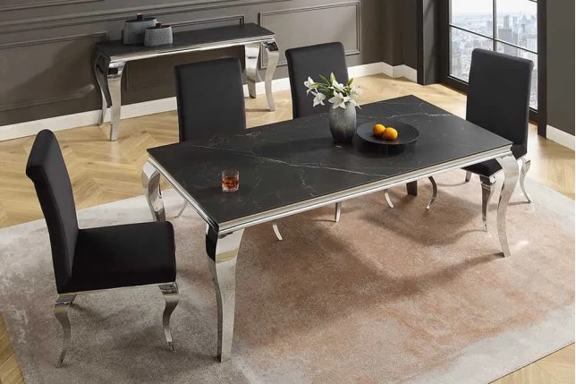 Table à manger design baroque moderne 180 cm – Céramique noir anthracite & pieds chromés
