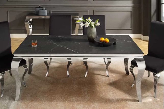 Table à manger design baroque moderne 180 cm – Céramique noir anthracite & pieds chromés
