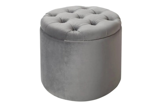 Pouf de rangement baroque moderne – 50 cm – Velours gris argenté avec capitonnage