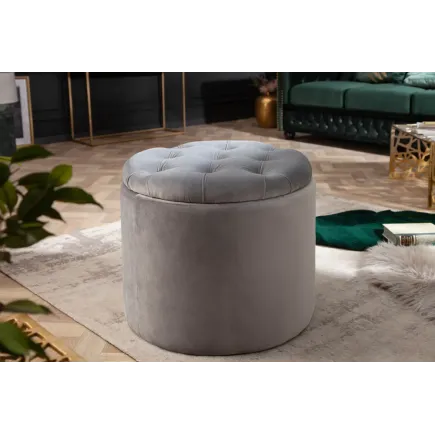 Pouf de rangement baroque moderne – 50 cm – Velours gris argenté avec capitonnage