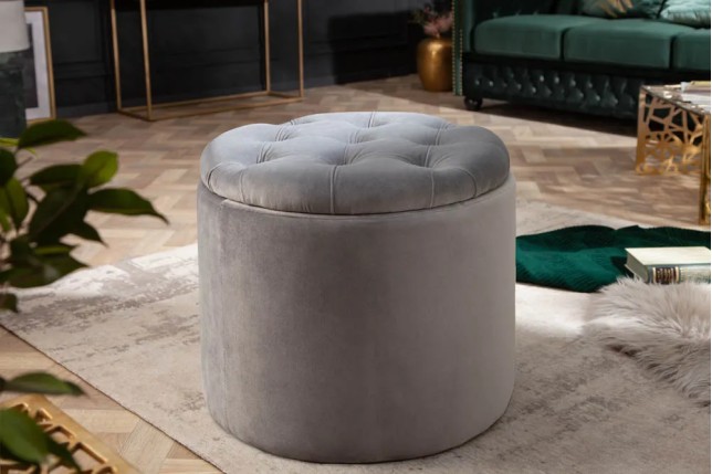 Pouf de rangement baroque moderne – 50 cm – Velours gris argenté avec capitonnage