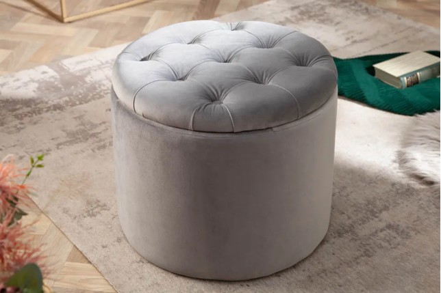 Pouf de rangement baroque moderne – 50 cm – Velours gris argenté avec capitonnage