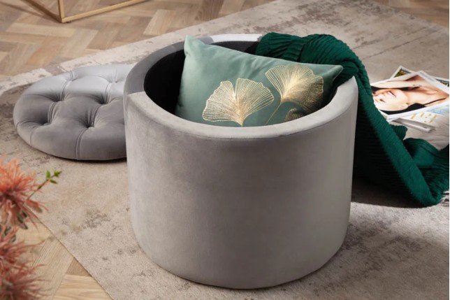 Pouf de rangement baroque moderne – 50 cm – Velours gris argenté avec capitonnage