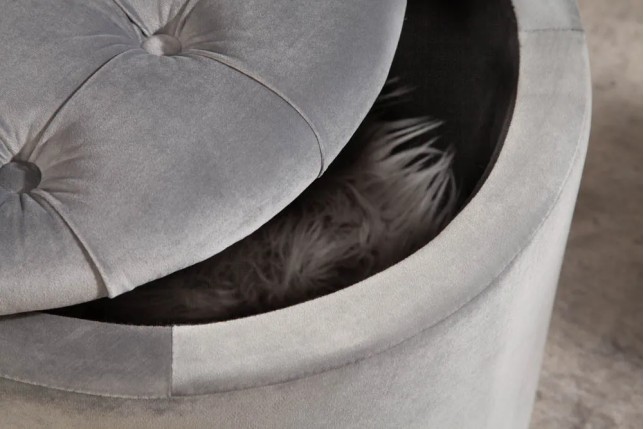 Pouf de rangement baroque moderne – 50 cm – Velours gris argenté avec capitonnage