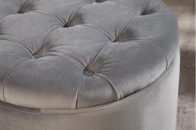 Pouf de rangement baroque moderne – 50 cm – Velours gris argenté avec capitonnage