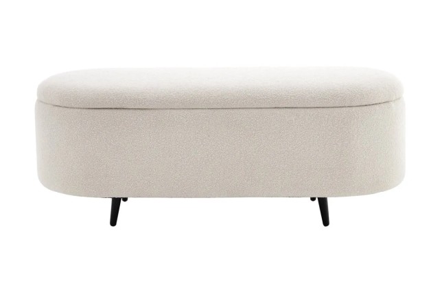 Banquette scandinave VOGUE 110 cm – Bouclé blanc & pieds noirs avec coffre de rangement intégré