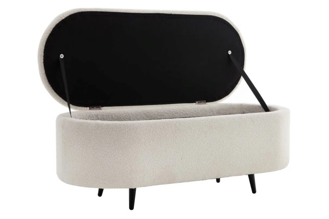 Banquette scandinave VOGUE 110 cm – Bouclé blanc & pieds noirs avec coffre de rangement intégré