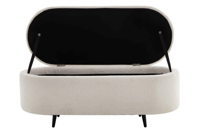 Banquette scandinave VOGUE 110 cm – Bouclé blanc & pieds noirs avec coffre de rangement intégré