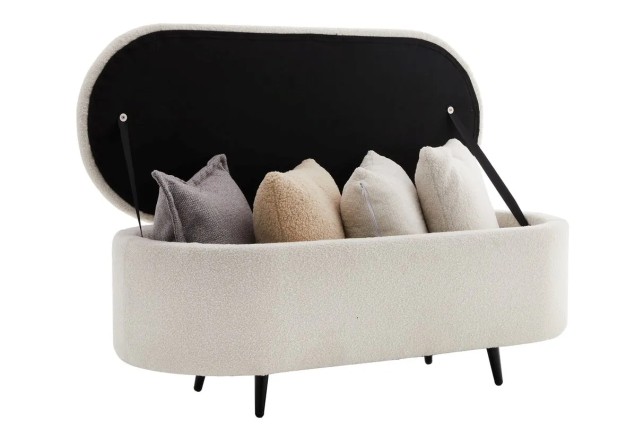 Banquette scandinave VOGUE 110 cm – Bouclé blanc & pieds noirs avec coffre de rangement intégré