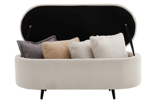 Banquette scandinave VOGUE 110 cm – Bouclé blanc & pieds noirs avec coffre de rangement intégré
