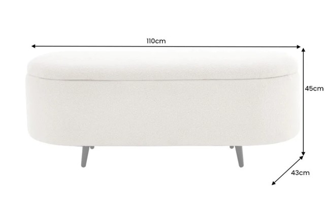 Banquette scandinave VOGUE 110 cm – Bouclé blanc & pieds noirs avec coffre de rangement intégré