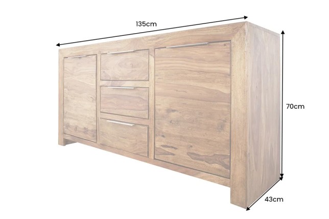 Buffet enfilade bois massif 140 cm à 2 portes et 3 tiroirs