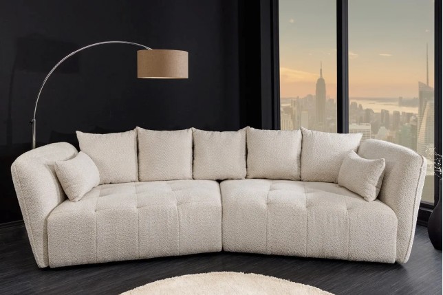 Canapé XXL ROYAL 295 cm – Bouclé champagne beige avec coussins, assise à ressorts et design moderne