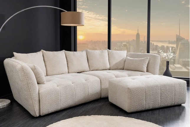 Canapé XXL ROYAL 295 cm – Bouclé champagne beige avec coussins, assise à ressorts et design moderne