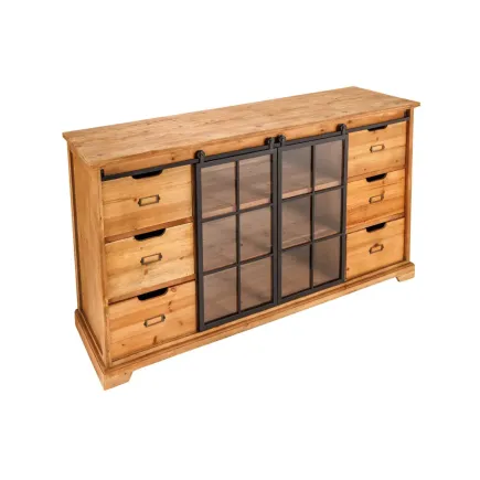 Bahut massif HENRY 150cm sapin naturel portes industrielles vitrine métal