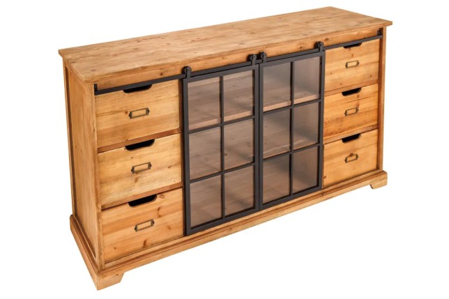 Bahut massif HENRY 150cm sapin naturel portes industrielles vitrine métal